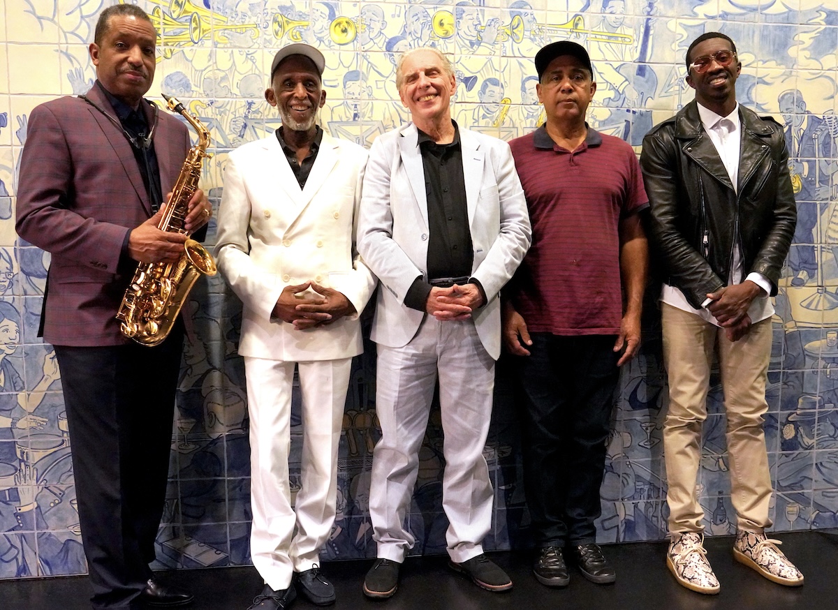 The current members of The Headhunters are (from left) Big Chief Donald Harrison on alto sax, founding percussionist Bill Summers, drummer Mike Clark, Chris Severin on six-string bass, and Kyle Roussel on keyboards. The group recently performed at Hamilton Live in D.C. (Courtesy of Rick Swig)