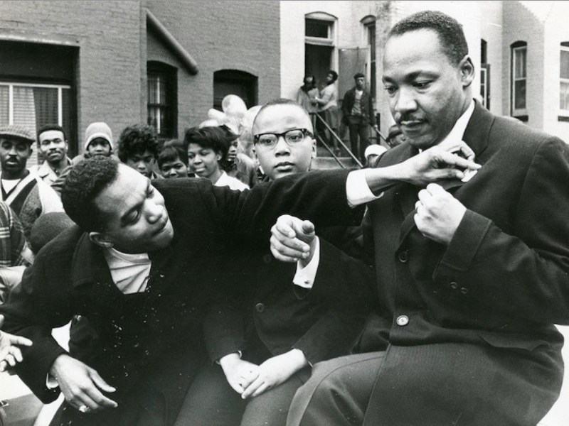 This 1967 photograph shows Dr. Martin Luther King Jr. (right) and his son Marty with the Rev. Walter Fauntroy in the Shaw neighborhood of Washington, D.C. (Courtesy photo/dcstatehoodyeswecan.org)