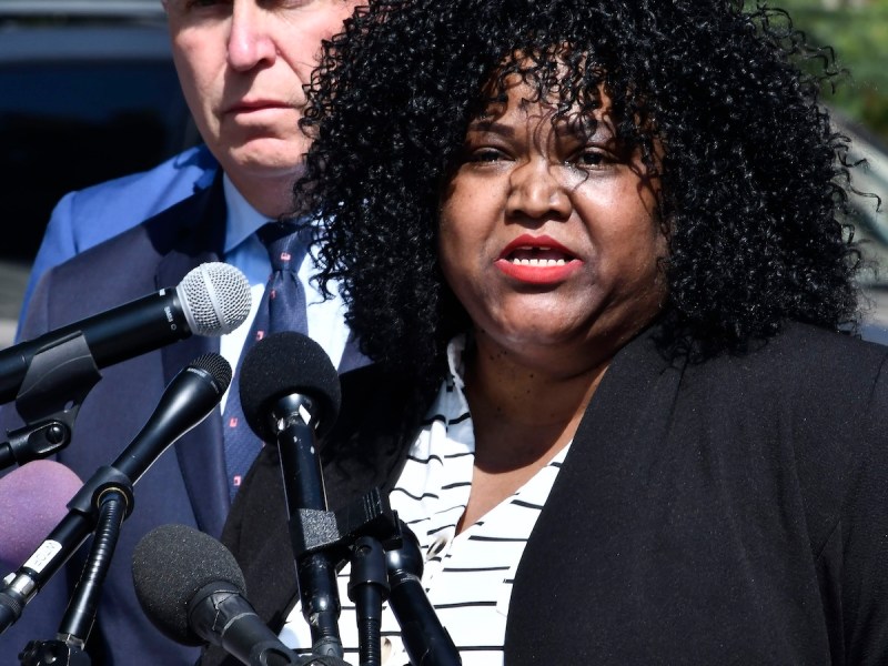 Ryane B. Nickens, founder and president of The TraRon Center, discusses working to curb gun violence by going after gun manufacturers and stores at a press conference on Sept. 3. (Robert R. Roberts/The Washington Informer)