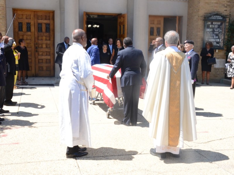 After the funeral service for her father, community leader Joseph Bowser, D.C. Mayor Muriel Bowser, her mother Joan Bowser and other family members exit St. Anthony’s Catholic Church, behind the casket. (Roy Lewis/The Washington Informer)