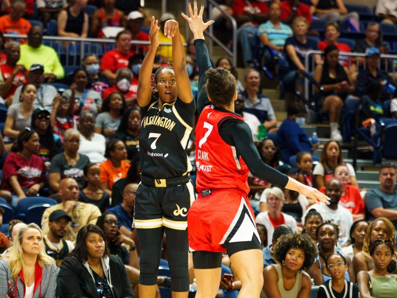 The Washington Mystics’ Ariel Atkins, who scored a career-high 36 points in the game against the Las Vegas Aces on July 14, shoots a jumper, at the Entertainment and Sports Arena. (Marcus Relacion/The Washington Informer)