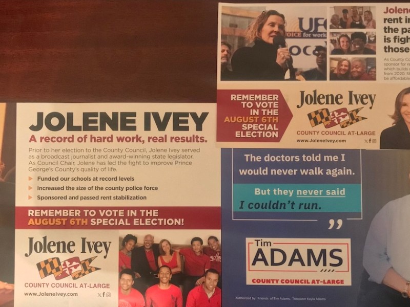 Tim Adams and Jolene Ivey have sent mailers to likely Democratic primary voters. They have both also placed large signs near major roads. (Richard D. Elliott/The Washington Informer)