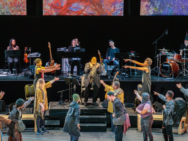 The full ensemble of "Parable of the Sower," an opera based on Octavia Butler's novel, composed by Bernice Johnson Reagon and her daughter Toshi Reagon (center stage), is seen here. The production was presented in 2022 at the Strathmore in North Bethesda, Maryland. (Courtesy of Shana Gerber)