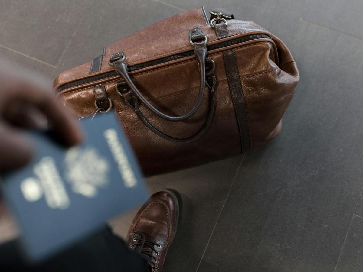 brown leather duffel bag